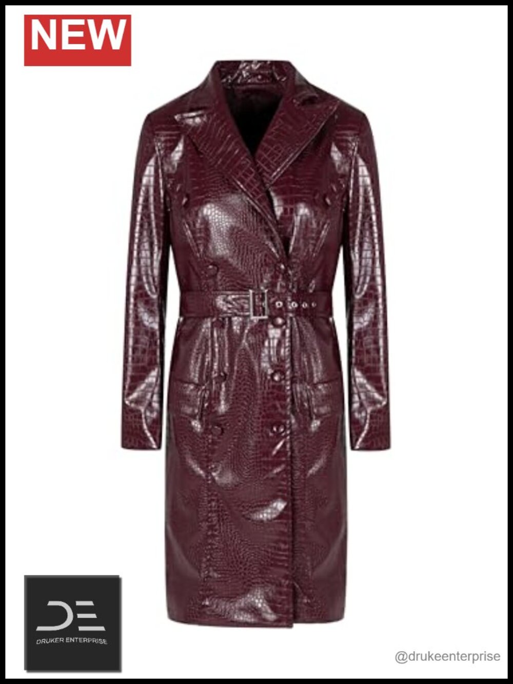 Faux PU Leather Long Trench Coat with Belt Notch Lapel Knee Length